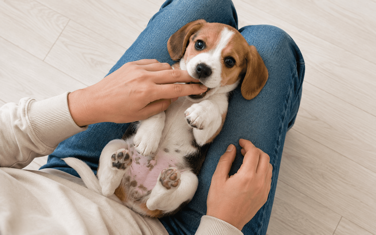 Why Do Dogs Nibble on You? What It Really Means 2 A small brown, black, and white puppy lies on its back in a person’s lap, gently biting their finger. The person is wearing a light sweater and blue jeans, and the puppy’s paws are in the air.