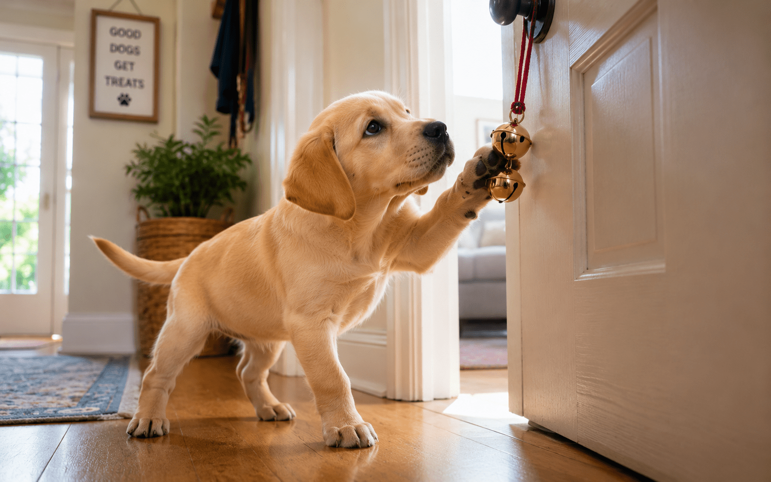 How to Bell Train a Dog: Steps That Actually Work 2 A yellow Labrador puppy stands on a wooden floor, pressing its paw on jingle bells hanging from a door handle, with sunlight streaming through windows in a cozy home interior.