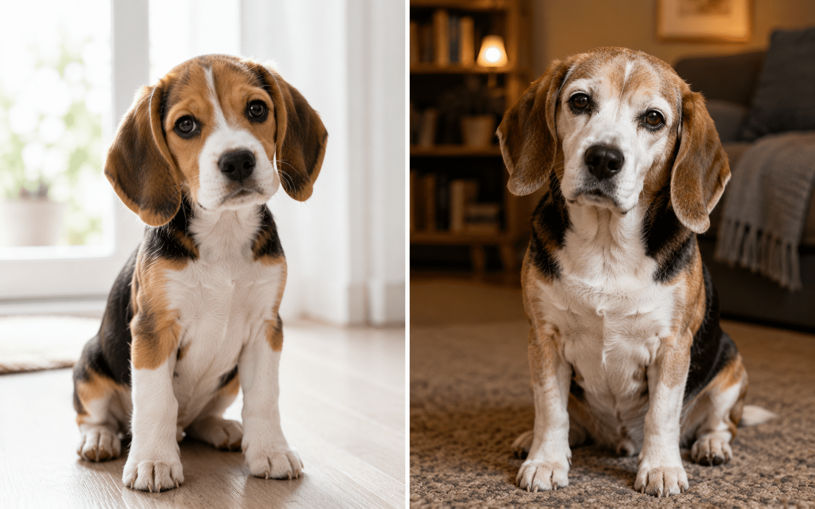 Do Dogs Have Object Permanence? 4 Side-by-side photos of a Beagle puppy sitting indoors in daylight and the same Beagle as an older dog sitting on a carpet in a cozy, warmly lit living room.