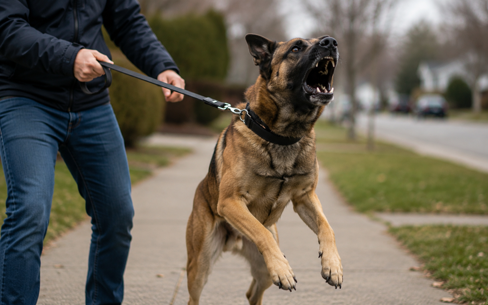 A large German Shepherd dog on a leash barks aggressively, standing on its hind legs, while a person tries to restrain it on a suburban sidewalk lined with grass and trees.