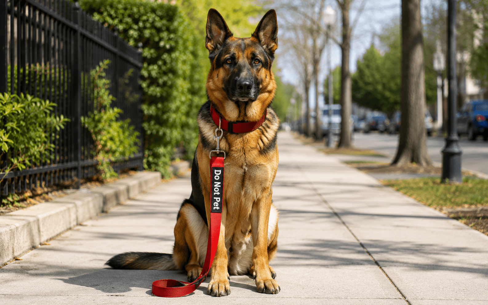 Dog Collar Color Meaning: What Each Color Signals to Strangers 2 A German Shepherd sits on a sidewalk, wearing a red collar and leash with a "Do Not Pet" tag. The background shows a fence, green bushes, and trees lining the street.