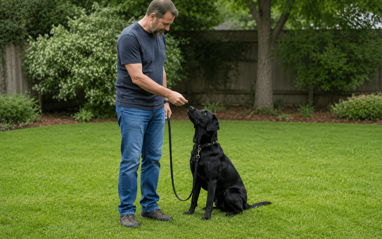 How to Teach Loose Leash Walking: Stop the Pull for Good 3 A man in a gray t-shirt and jeans stands on grass, holding a leash and giving a treat to a black dog sitting attentively in front of him in a green, fenced yard.