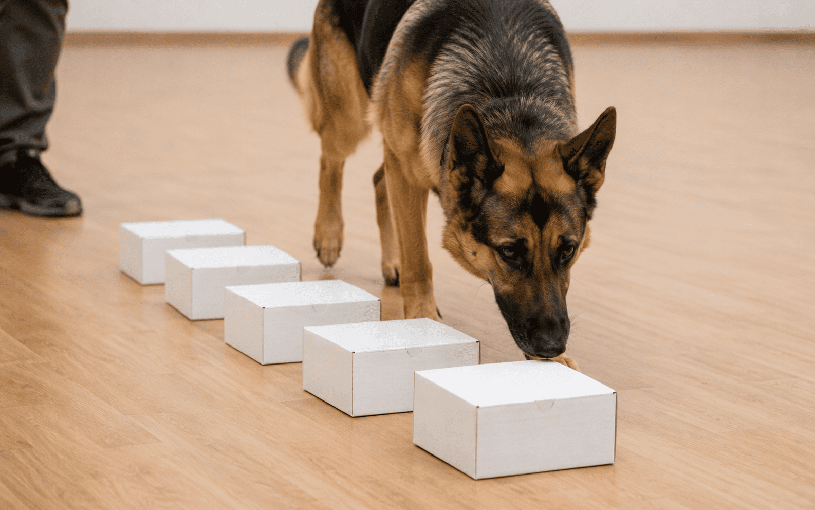 How to Scent Train a Dog: Steps, Scents, and What Actually Works 2 A German Shepherd sniffs white boxes on a wooden floor during a scent detection dog training exercise.