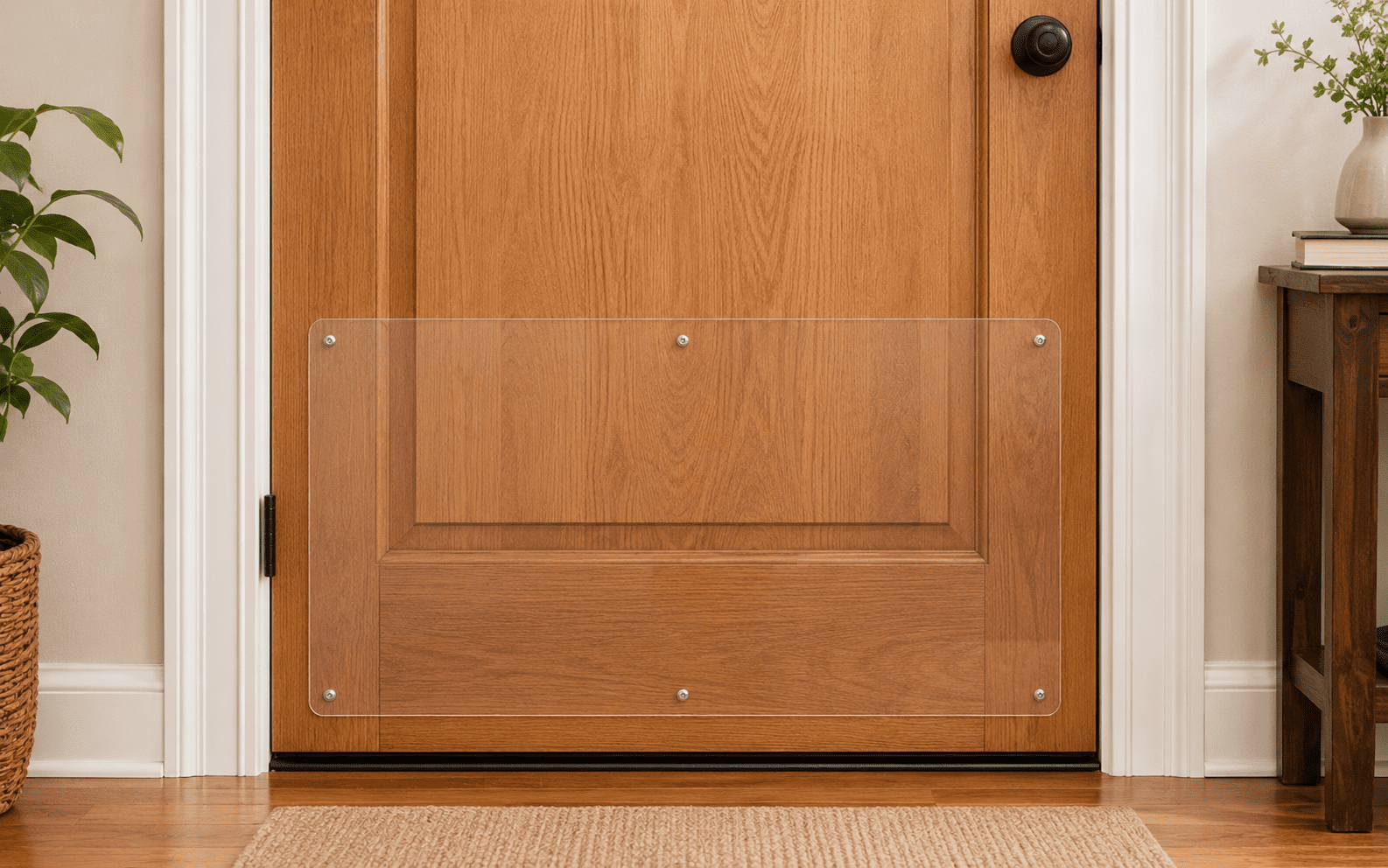 How to Stop Dog from Scratching Door: Fixes That Actually Work 3 A clear acrylic protective panel is attached to the lower half of a wooden door, with screws visible at the corners. The door is inside a home, surrounded by plants and furniture.