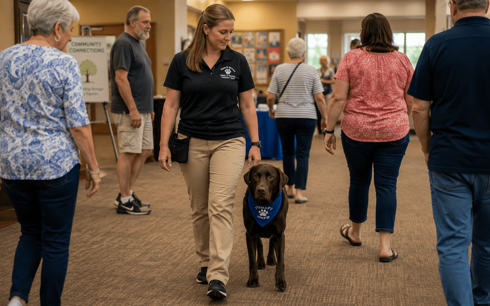 How to Train Your Dog to Be a Comfort Dog: Steps That Actually Work 4 A woman in a black polo shirt walks a brown therapy dog wearing a blue bandana down a hallway as several people walk around them in what appears to be a community center.