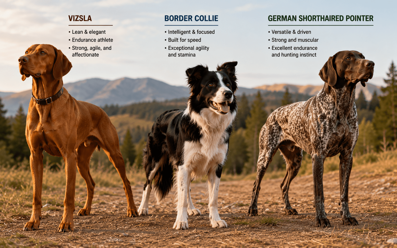 Best Dog Breeds for Running: Top Picks for Every Type of Runner 2 Three dogs stand outdoors in a scenic mountain landscape: a Vizsla, a Border Collie, and a German Shorthaired Pointer. Each dog is labeled with its breed and key traits. Trees and mountains are in the background.