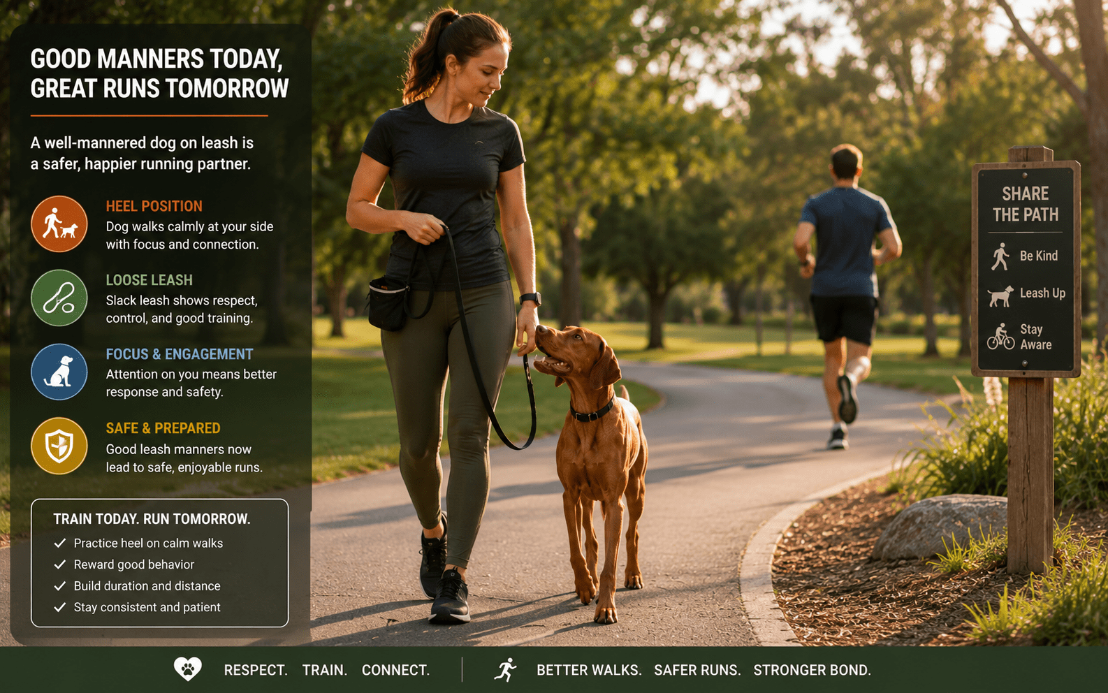 Best Dog Breeds for Running: Top Picks for Every Type of Runner 5 A woman jogs with a dog on a leash in a park at sunset. Info panels explain leash manners, safety, and benefits of training dogs for calm, focused walks. A path sign shows dog walking rules; a cyclist rides in the background.