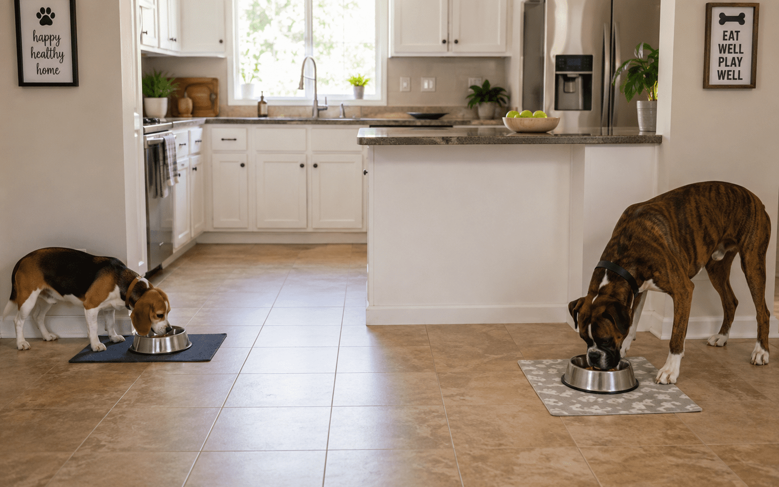How to Stop Dogs From Fighting Before It Gets Worse 4 Two dogs eat from separate bowls on mats in a bright, modern kitchen with white cabinets, stainless steel appliances, and motivational pet signs on the walls. Sunlight comes through a window in the background.