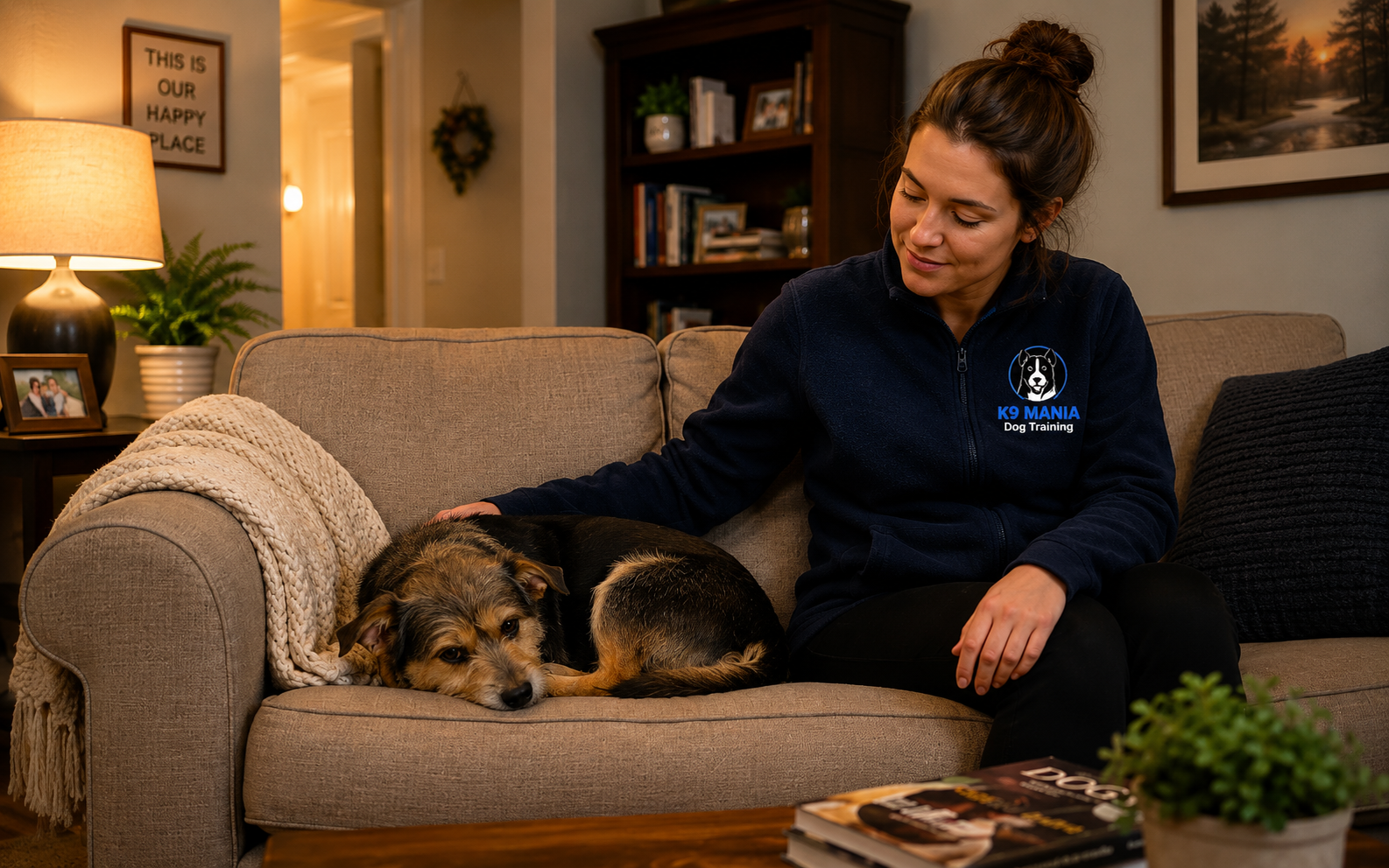 What Is Dog Boarding and How Does It Actually Work? 2 A woman in a K9 Mania Dog Training jacket sits on a couch, gently petting a relaxed dog lying beside her. The cozy living room includes books, a blanket, a lamp, and homey decor.