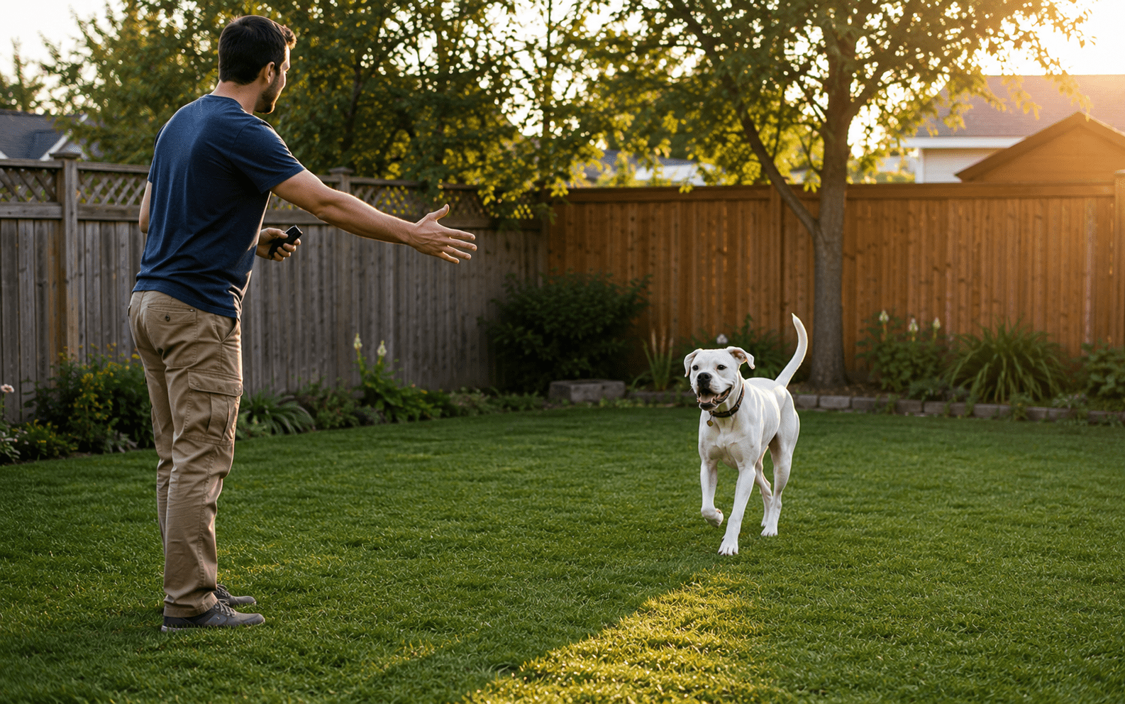 How to Train a Deaf Dog: Hand Signals, Techniques, and What Really Works 3 A man in a backyard with outstretched arm calls his happy dog running toward him on green grass.