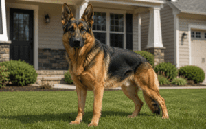 A German Shepherd stands alert on a well-kept lawn in front of a suburban house, looking directly at the camera. Shrubs and windows are visible in the background.