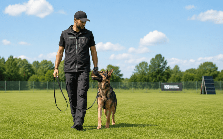 A man in a black vest and cap walks a German Shepherd on a leash across a grassy field.