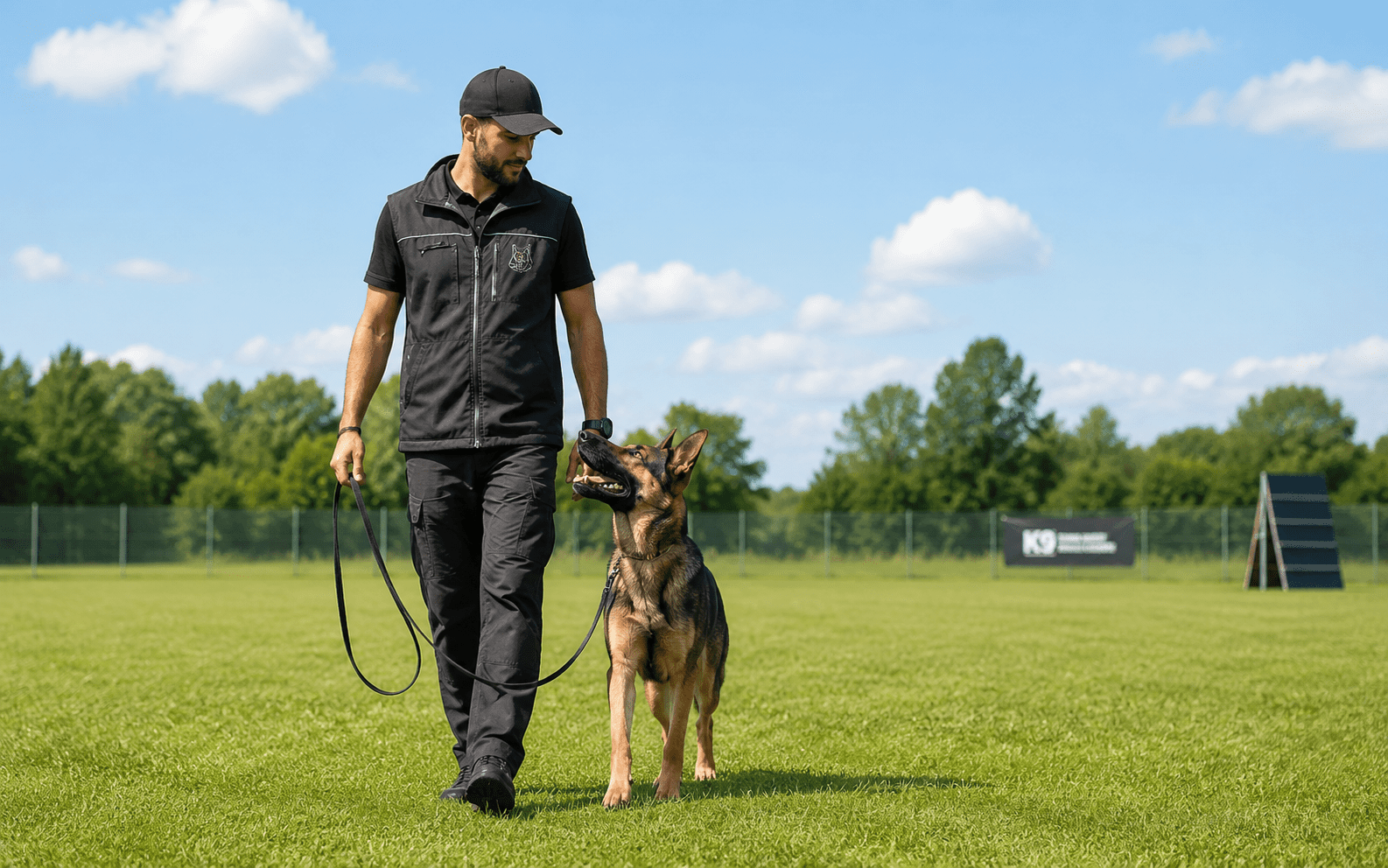 A man in a black vest and cap walks a German Shepherd on a leash across a grassy field.