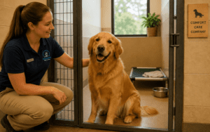 A smiling woman in a blue polo shirt kneels next to a happy golden retriever sitting inside a spacious kennel. The kennel has a bed, water bowl, and a sign on the door that reads "Comfort Care Company.