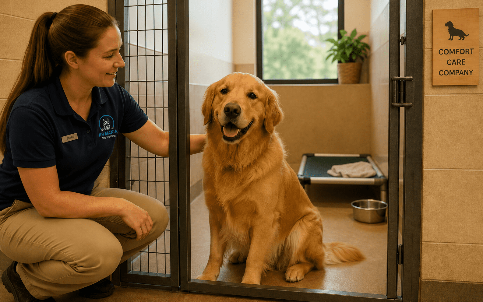 A smiling woman in a blue polo shirt kneels next to a happy golden retriever sitting inside a spacious kennel. The kennel has a bed, water bowl, and a sign on the door that reads "Comfort Care Company.