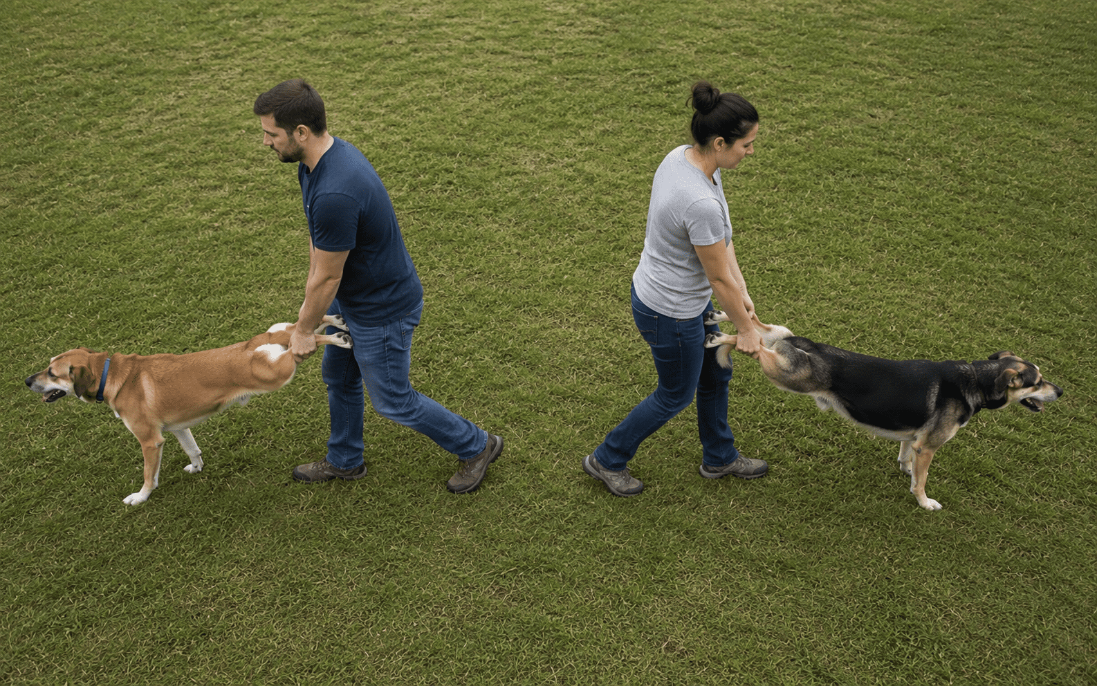 How to Stop Dogs From Fighting Before It Gets Worse 2 Two people, a man and a woman, each hold the hind legs of a dog, walking across a grassy field with the dogs' front legs on the ground. The people and dogs are facing opposite directions.