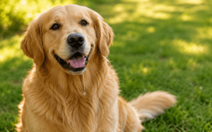 Golden Retriever drooling outdoors on a sunny day. A golden retriever sits on green grass, looking at the camera with its mouth open, tongue slightly out, and a strand of drool hanging from its mouth. The background is blurred with sunlight.