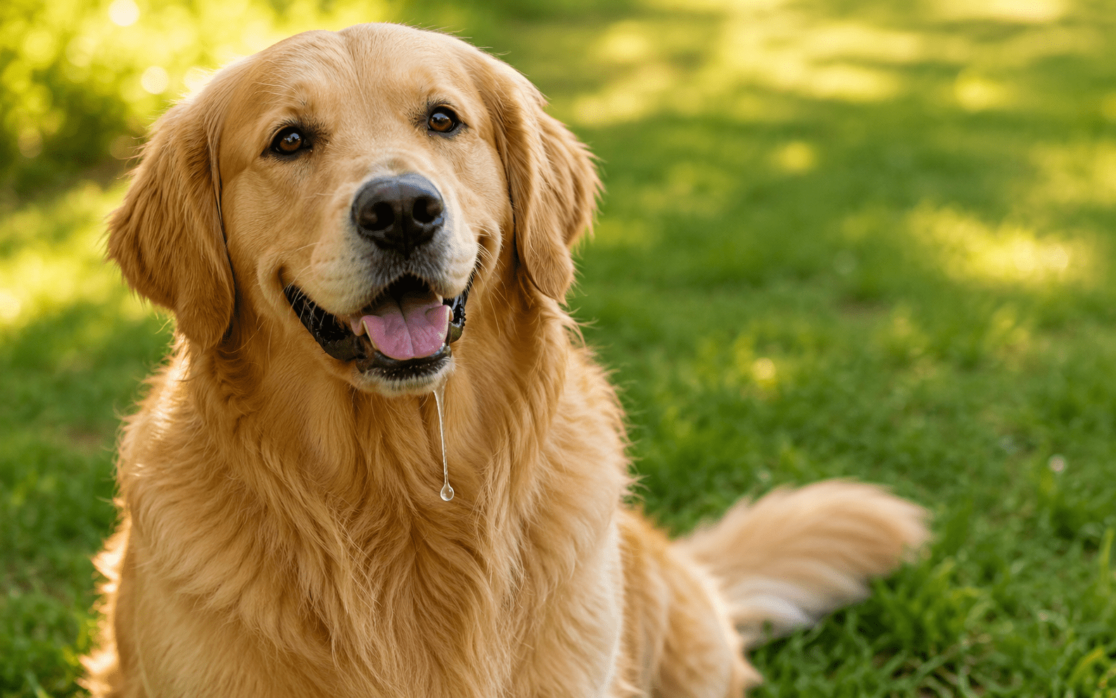 Golden Retriever drooling outdoors on a sunny day. A golden retriever sits on green grass, looking at the camera with its mouth open, tongue slightly out, and a strand of drool hanging from its mouth. The background is blurred with sunlight.