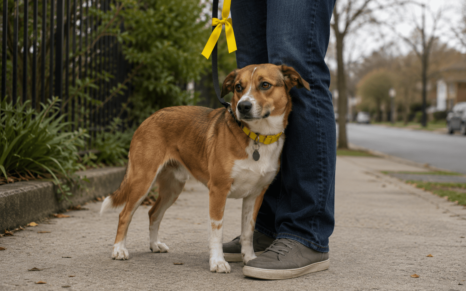Dog Collar Color Meaning: What Each Color Signals to Strangers 1 A brown and white dog with a yellow leash and collar stands close to a person's legs on a sidewalk, looking alert. The person is wearing jeans and gray shoes. Trees and houses are visible in the background.