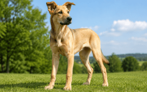 A tan dog with upright ears stands alert on green grass, with trees and blue sky in the background.