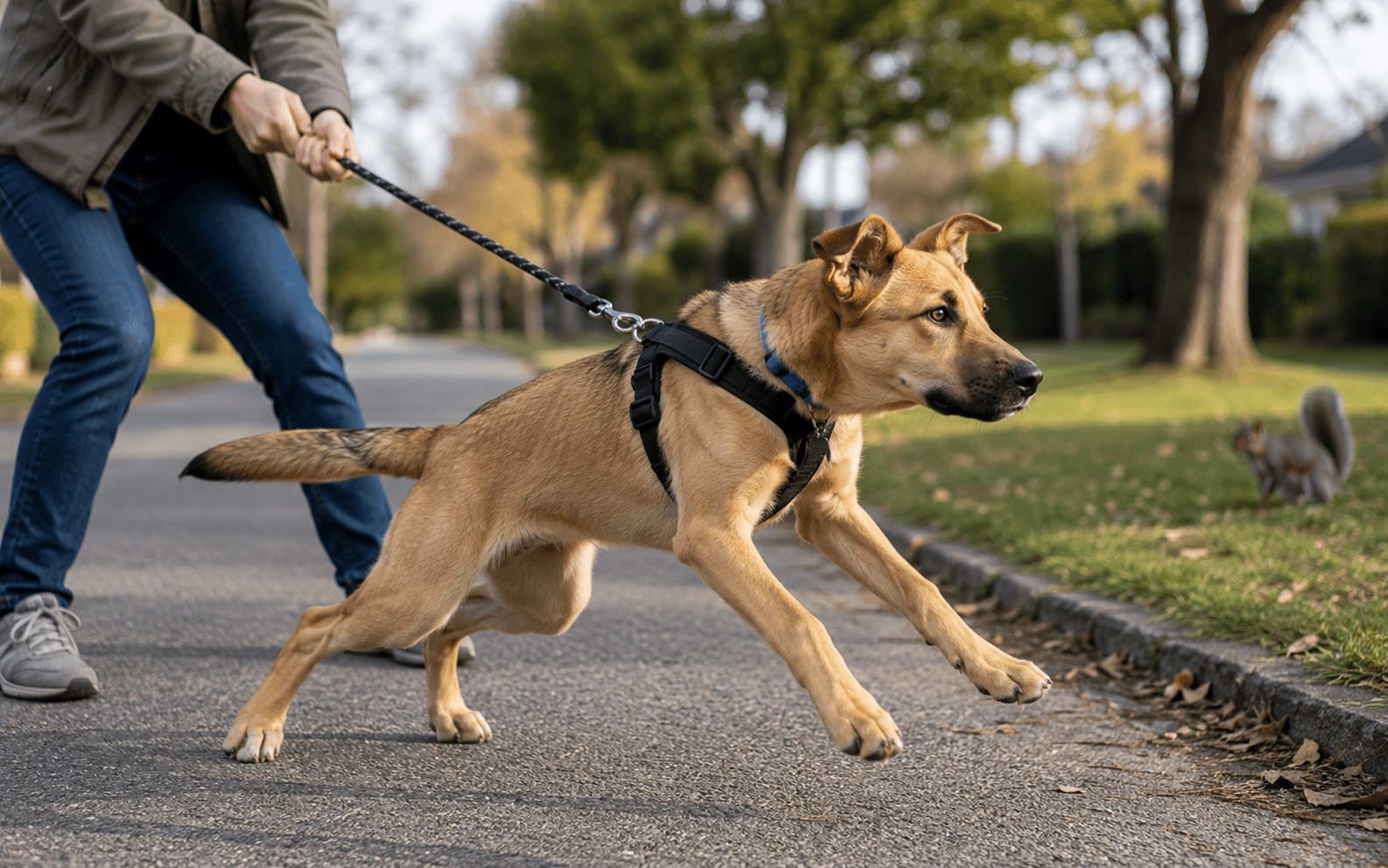 Adolescent Dog Behavior: What to Expect and How to Handle It 2 On a suburban street, a person restrains a leashed dog lunging at a squirrel for better accessibility.