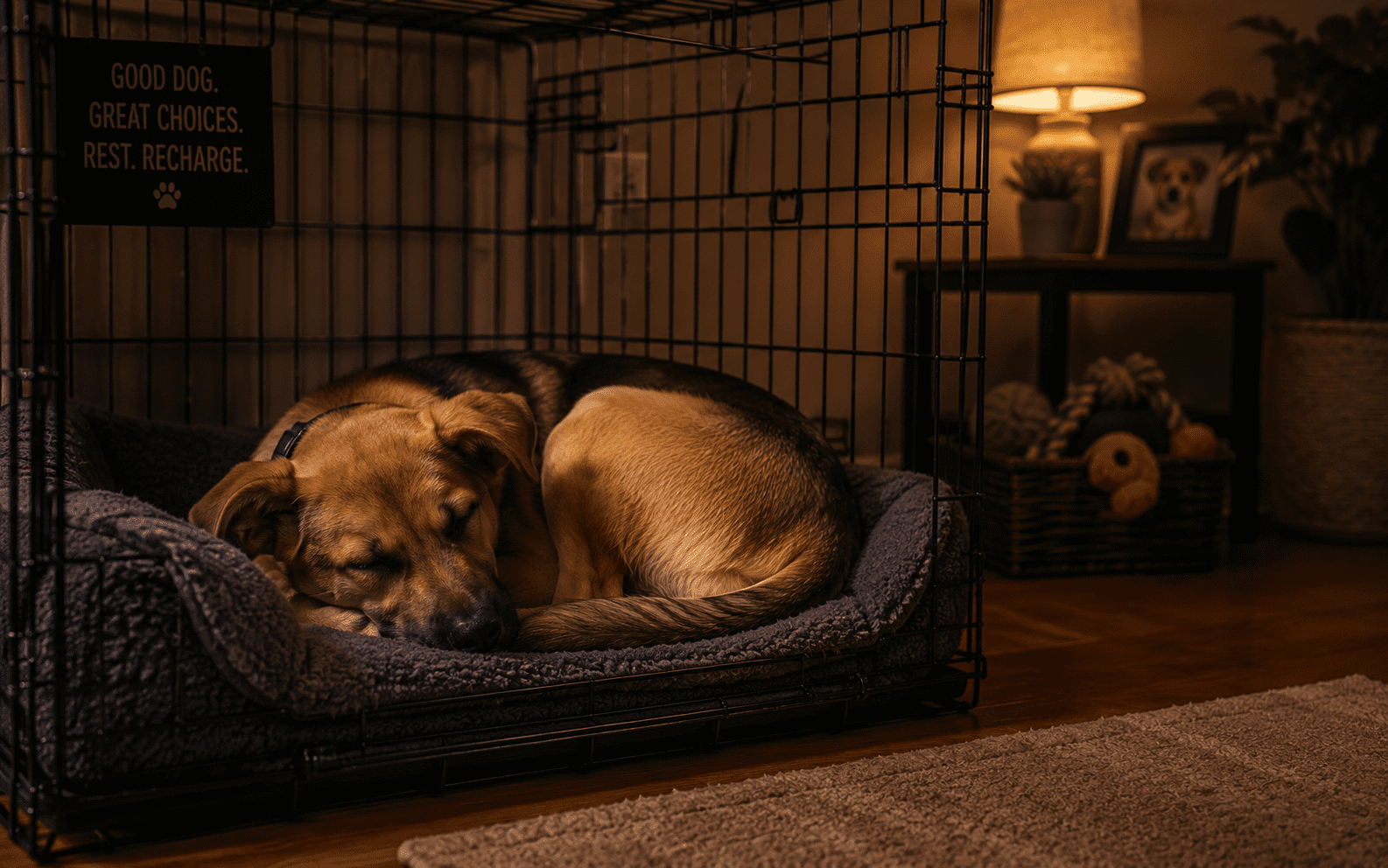 Adolescent Dog Behavior: What to Expect and How to Handle It 5 A brown dog sleeps curled in a cozy bed inside a crate, soft home decor and warm lighting creating comfort.