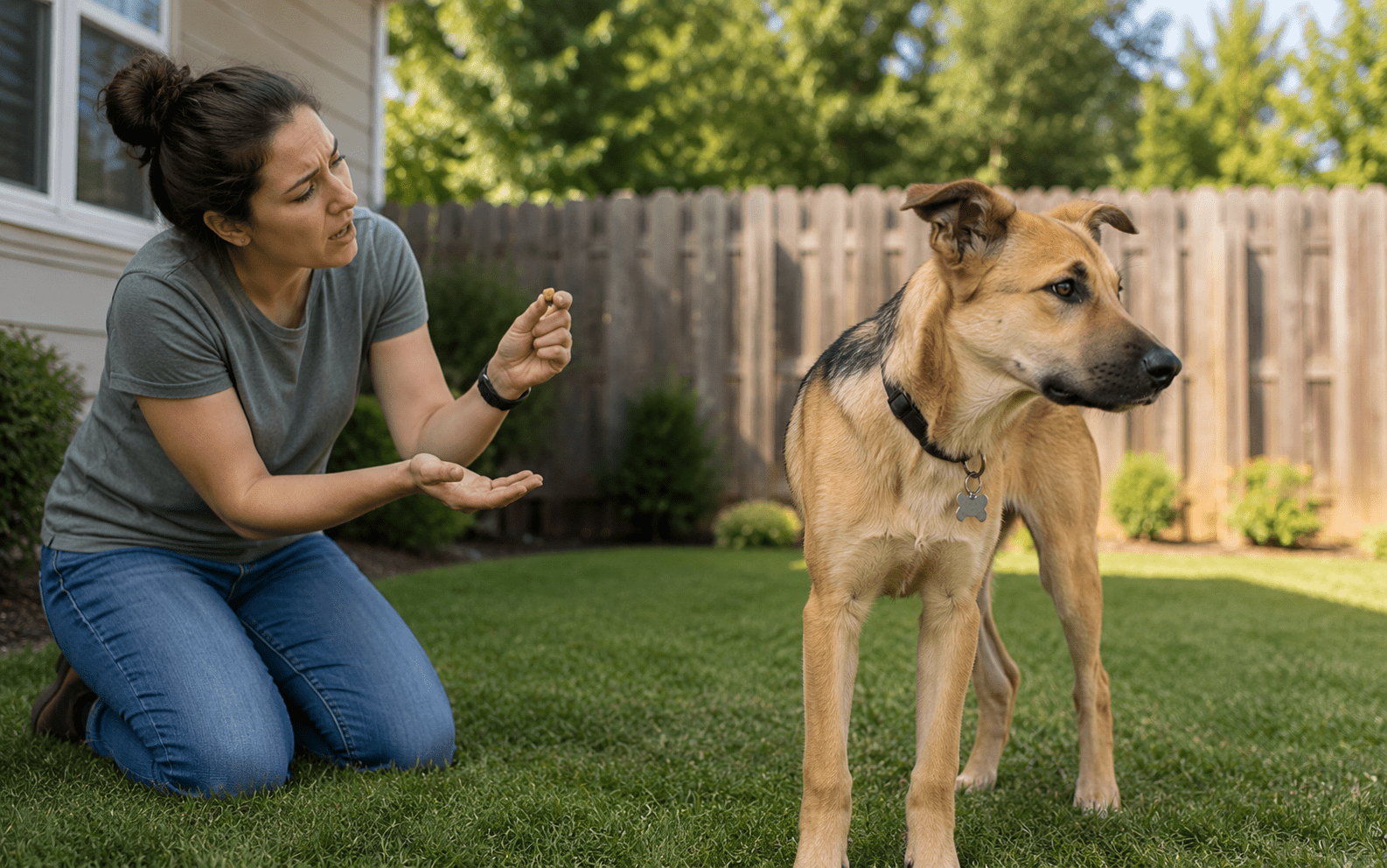 Adolescent Dog Behavior: What to Expect and How to Handle It 1 A woman kneels on grass in a backyard, holding a treat to get the attention of a large dog nearby.