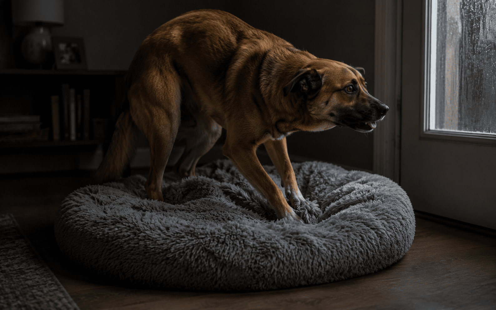 Why Does My Dog Dig in His Bed? 7 Reasons Behind This Strange Bedtime Ritual 3 A brown dog stands anxiously on a fluffy gray bed indoors, gazing at a closed glass door.