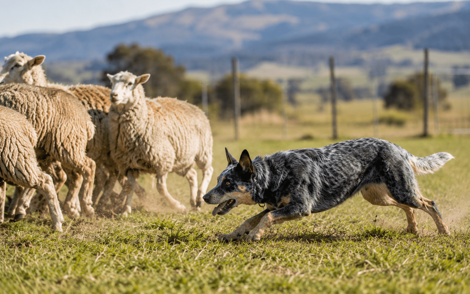 How to Train an Australian Shepherd: Proven Techniques for a Well-Behaved Dog 1 A herding dog crouches low to guide a flock of sheep across a grassy field with rolling hills behind them.