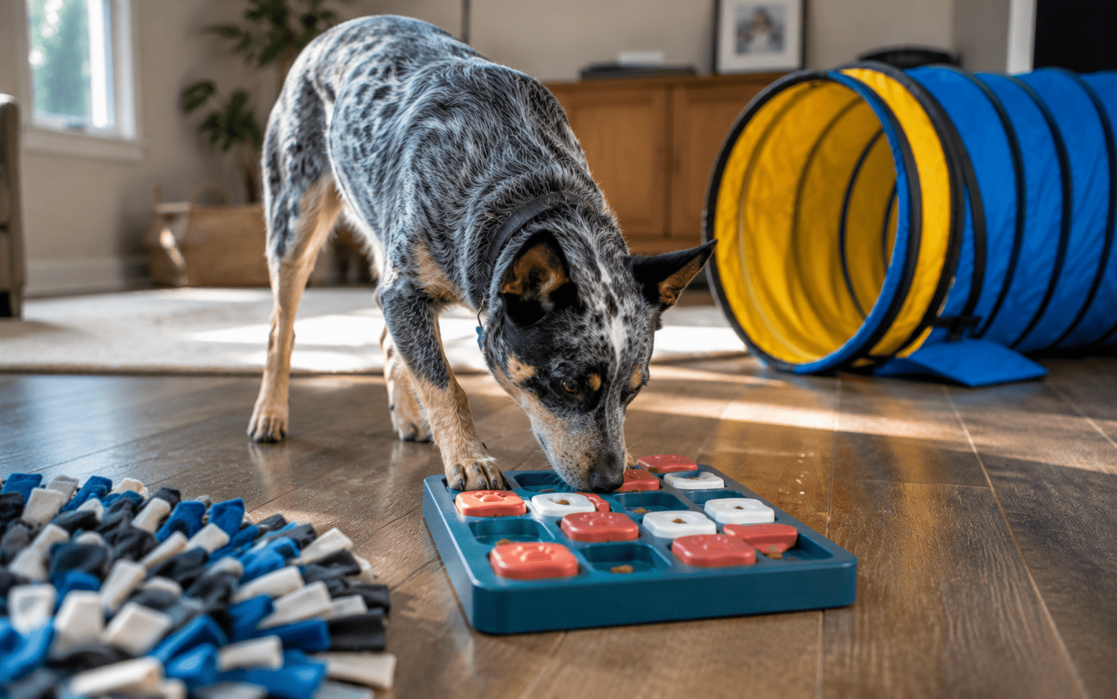 How to Train an Australian Shepherd: Proven Techniques for a Well-Behaved Dog 4 A dog enjoys a blue puzzle toy on a wooden floor, with a tunnel and snuffle mat beside it nearby.