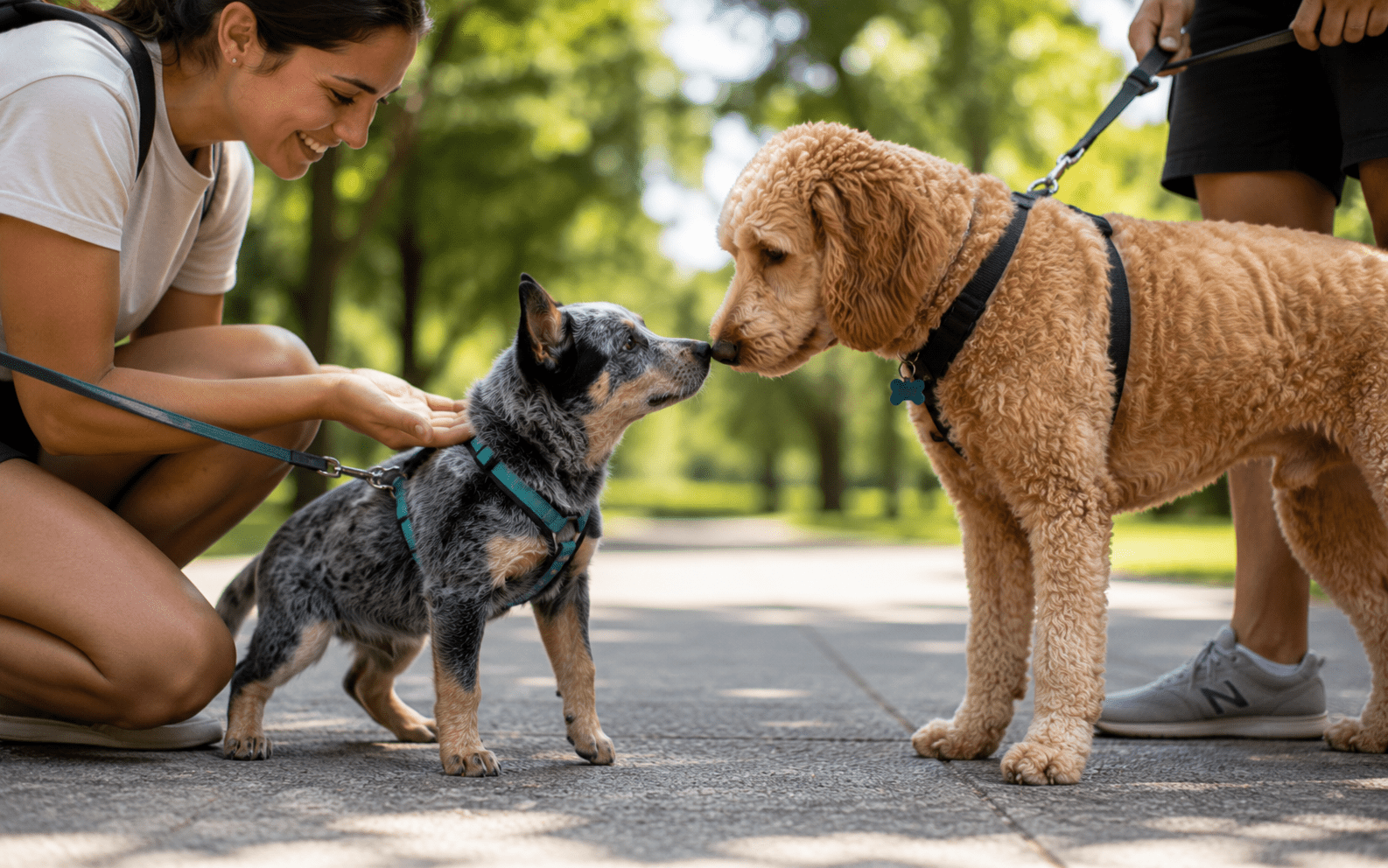 How to Train an Australian Shepherd: Proven Techniques for a Well-Behaved Dog 3 Two people introduce their dogs in a sunny park as the dogs meet and touch noses, enjoying the outdoors.