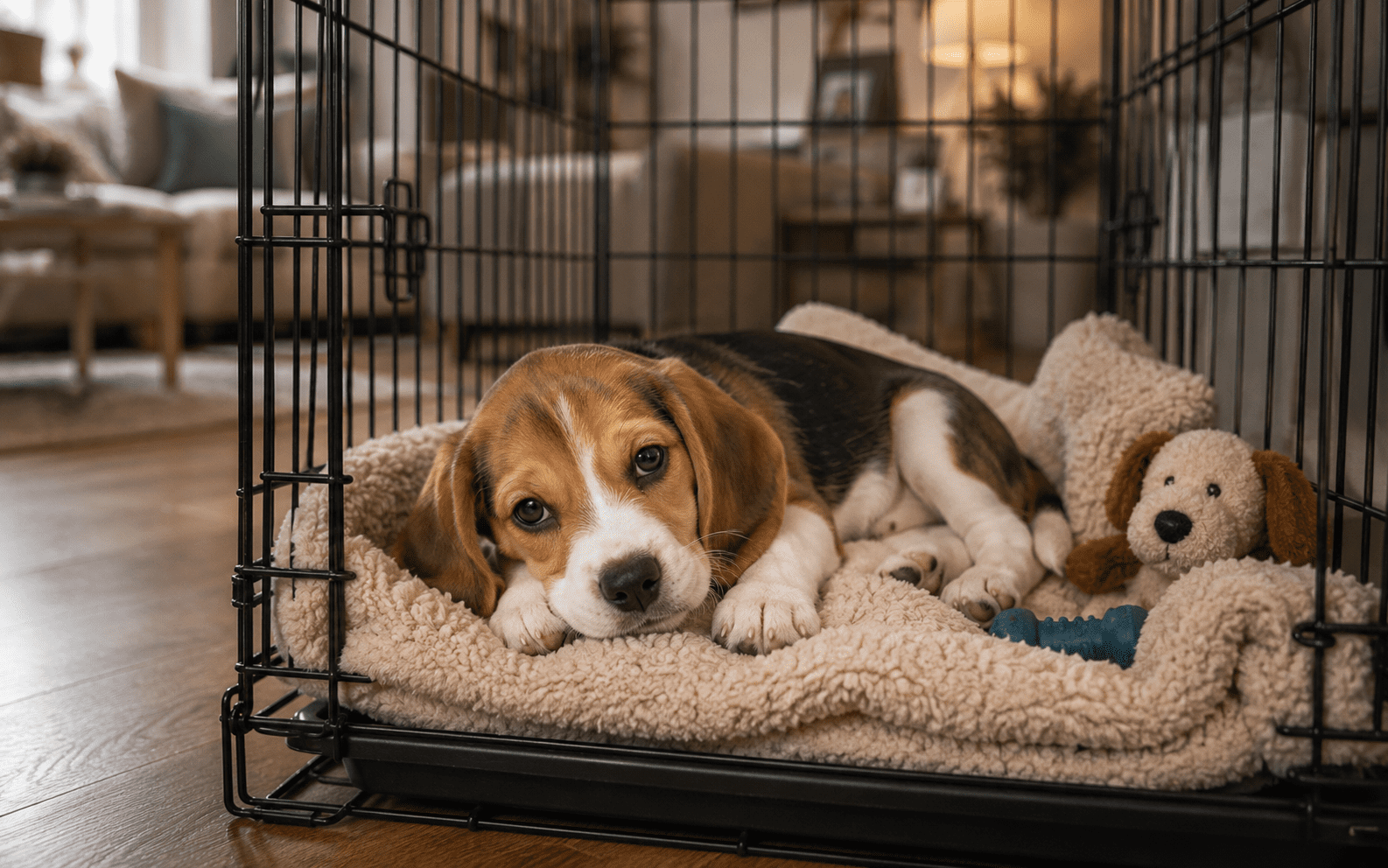 How to Train a Beagle Puppy: Steps, Tips, and What Actually Works 1 Beagle puppy resting comfortably inside an open crate with a soft blanket
