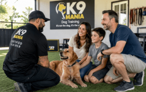 Family choosing the best dog breed for their lifestyle with a K9 Mania trainer