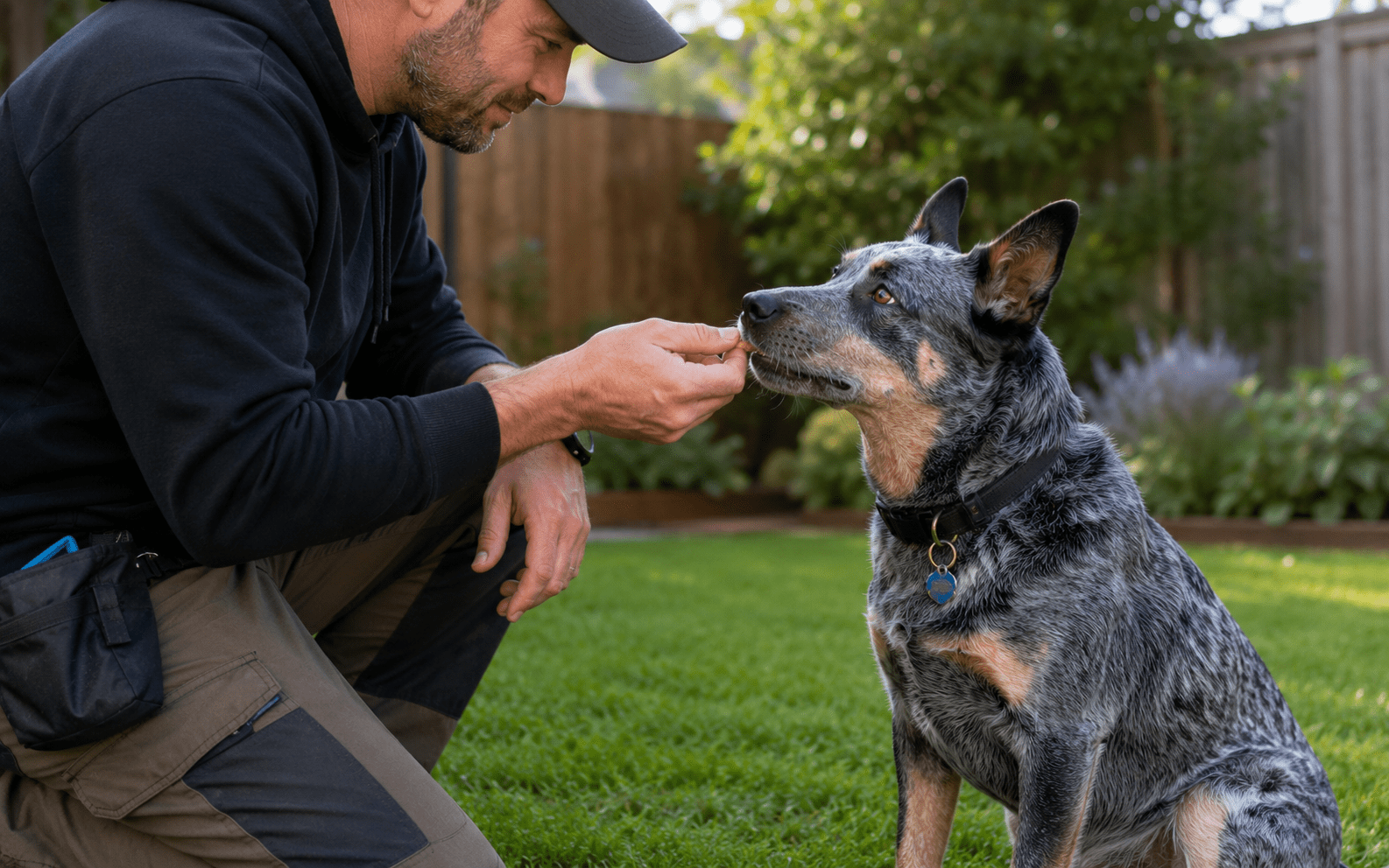 How to Train a Cattle Dog: Techniques That Actually Work for This High-Drive Breed 1 A man in a cap kneels on grass, using treats to train a cattle dog in his backyard.