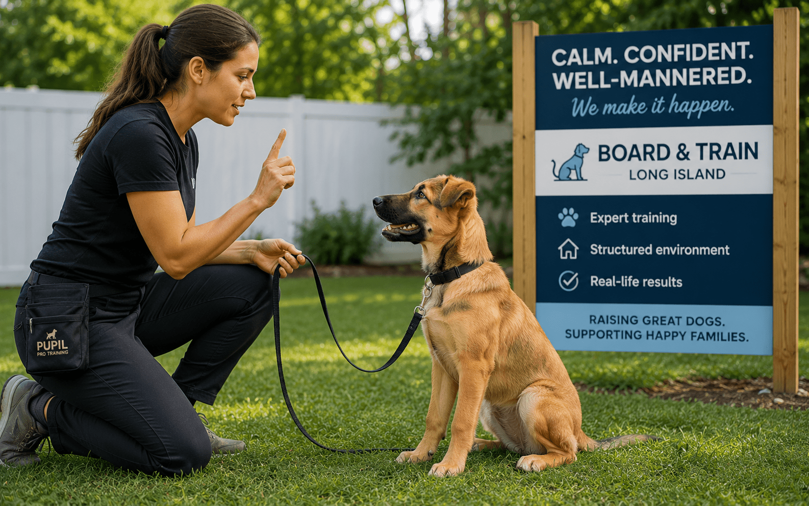 Adolescent Dog Behavior: What to Expect and How to Handle It 4 A woman trains her dog outside next to a "Board & Train Long Island" dog training sign for obedience.