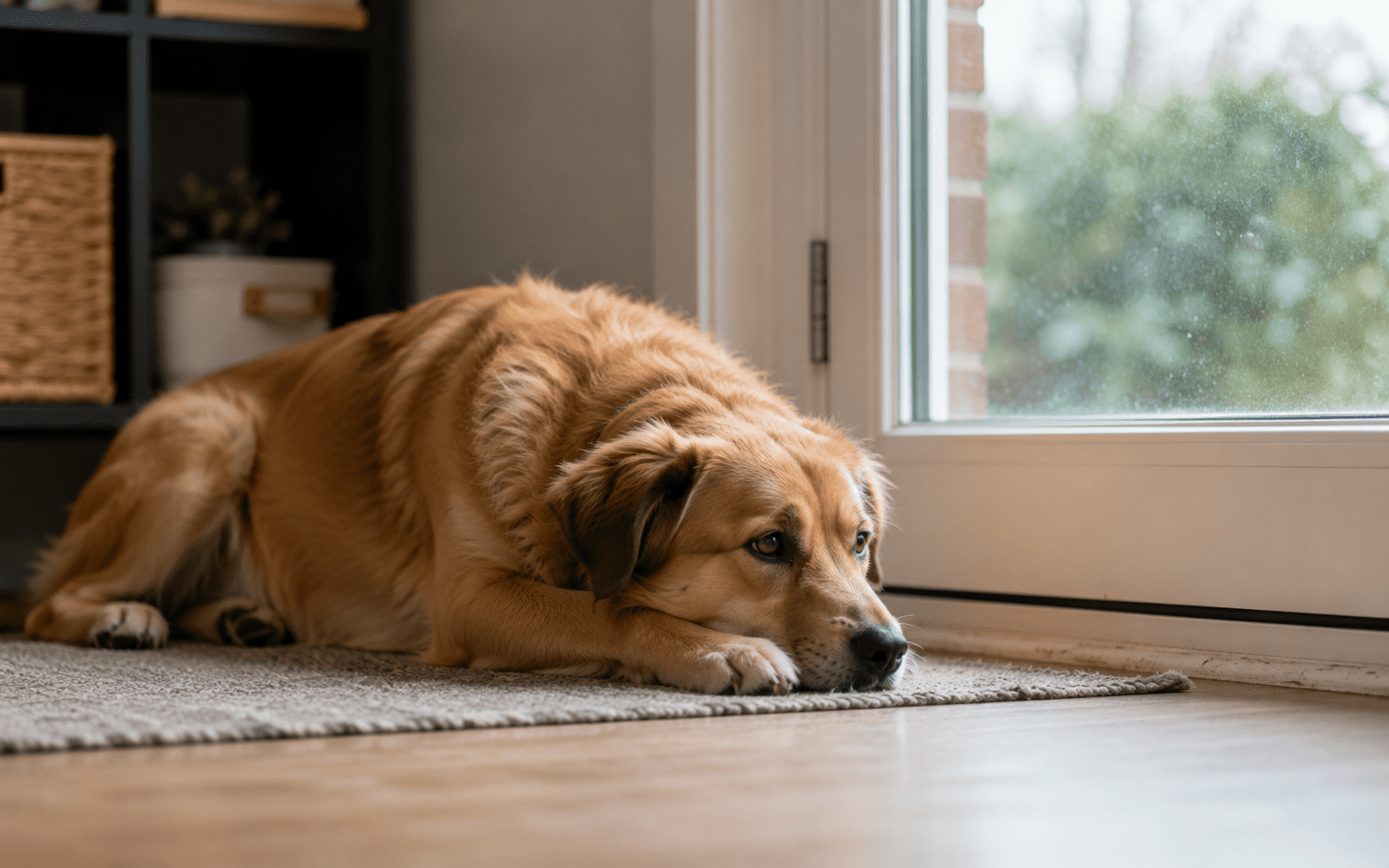 What Is Compulsive Behavior in Dogs: Signs, Causes, and How to Help 2 A brown dog with a calm expression lies on a rug near a glass door, looking outside peacefully.