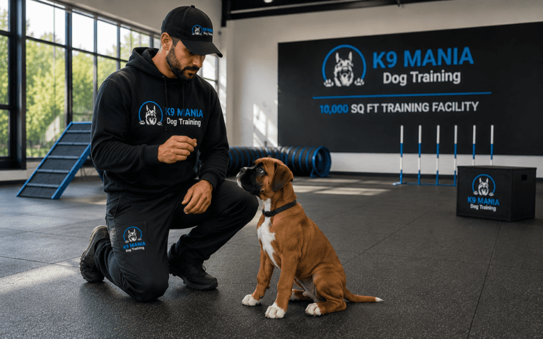 Boxer puppy training session with K9 Mania trainer in Long Island