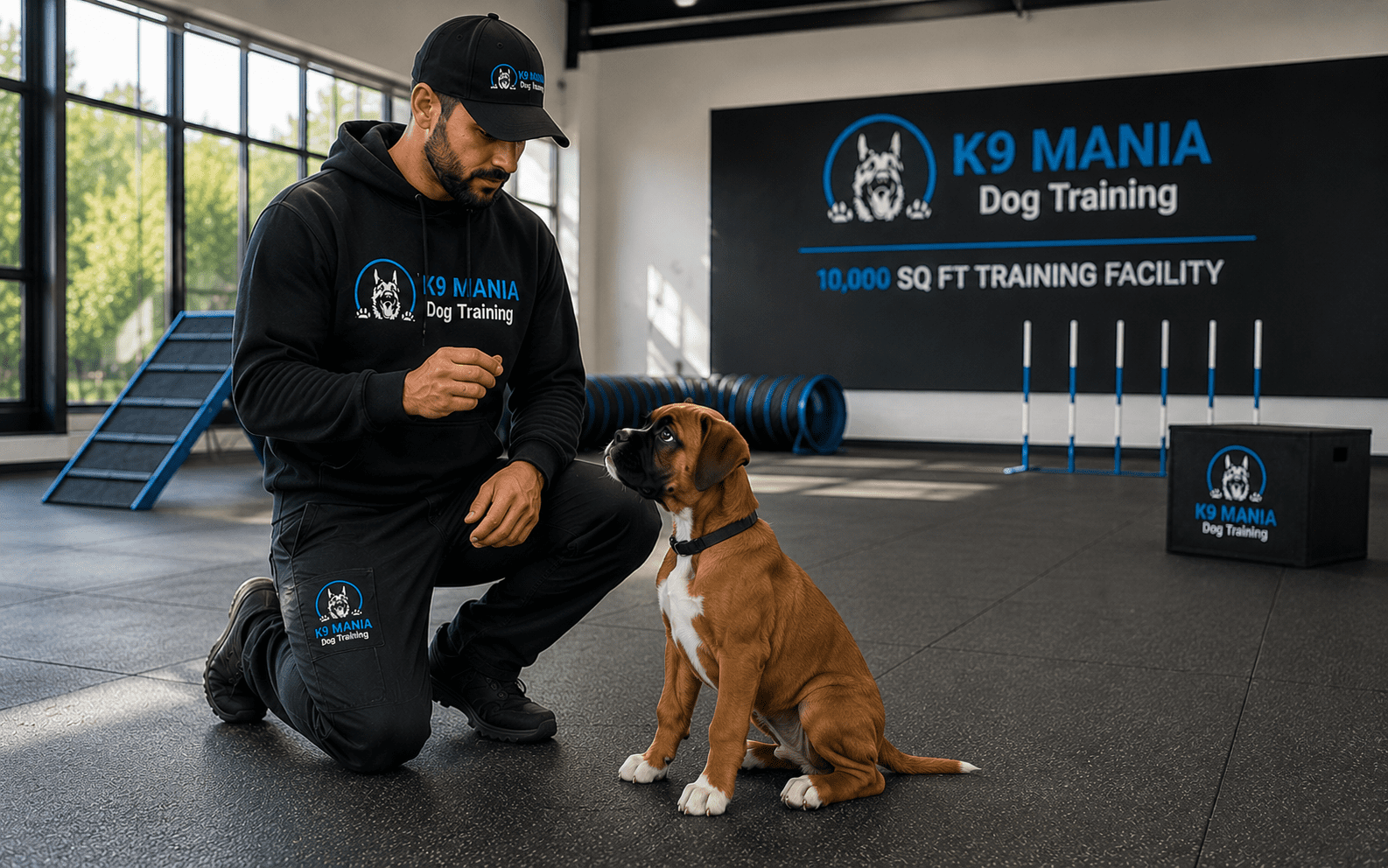 Boxer puppy training session with K9 Mania trainer in Long Island