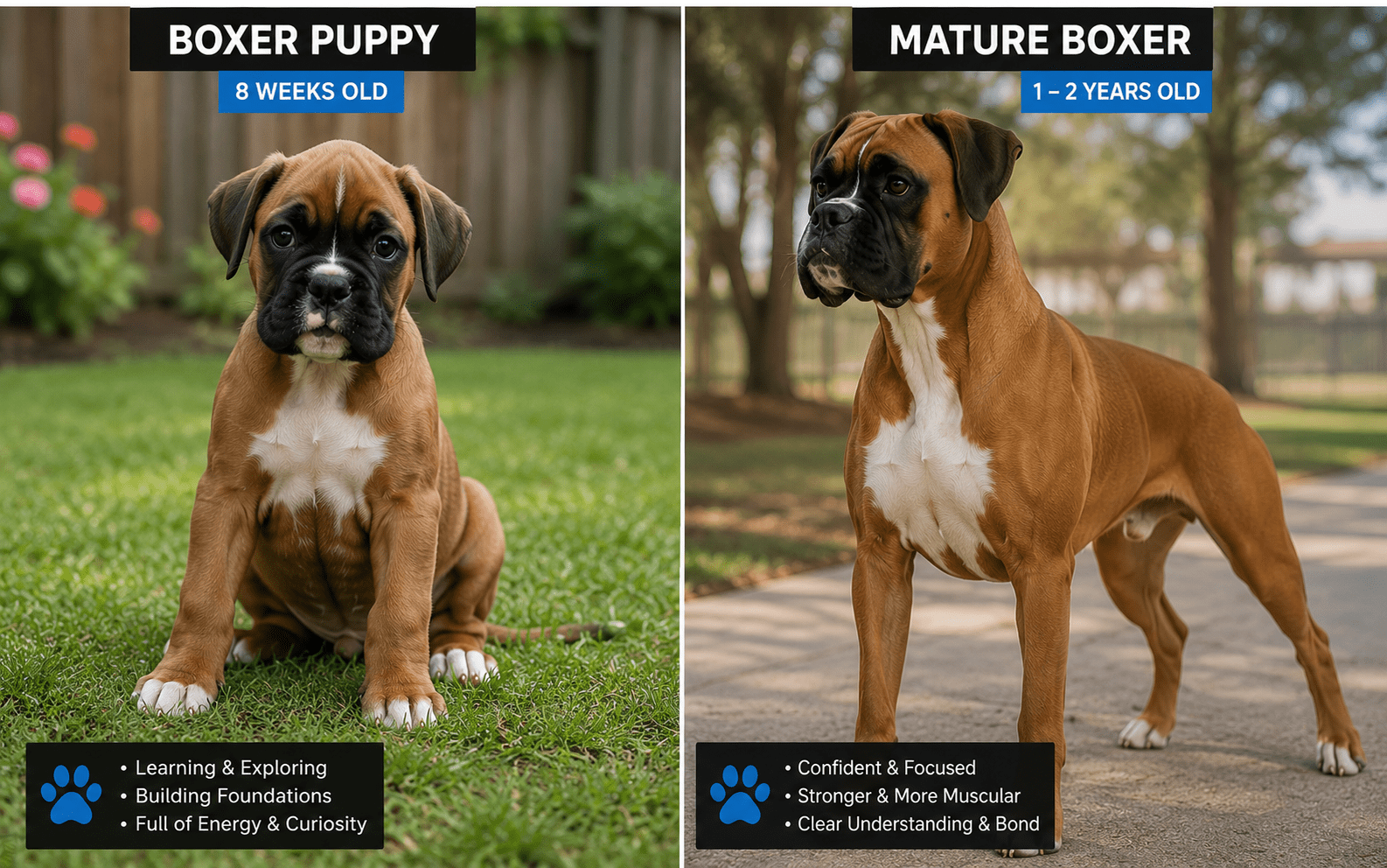 How to Train a Boxer Puppy: A Step-by-Step Guide for New Owners 5 Boxer puppy at different growth stages from 8 weeks to adulthood