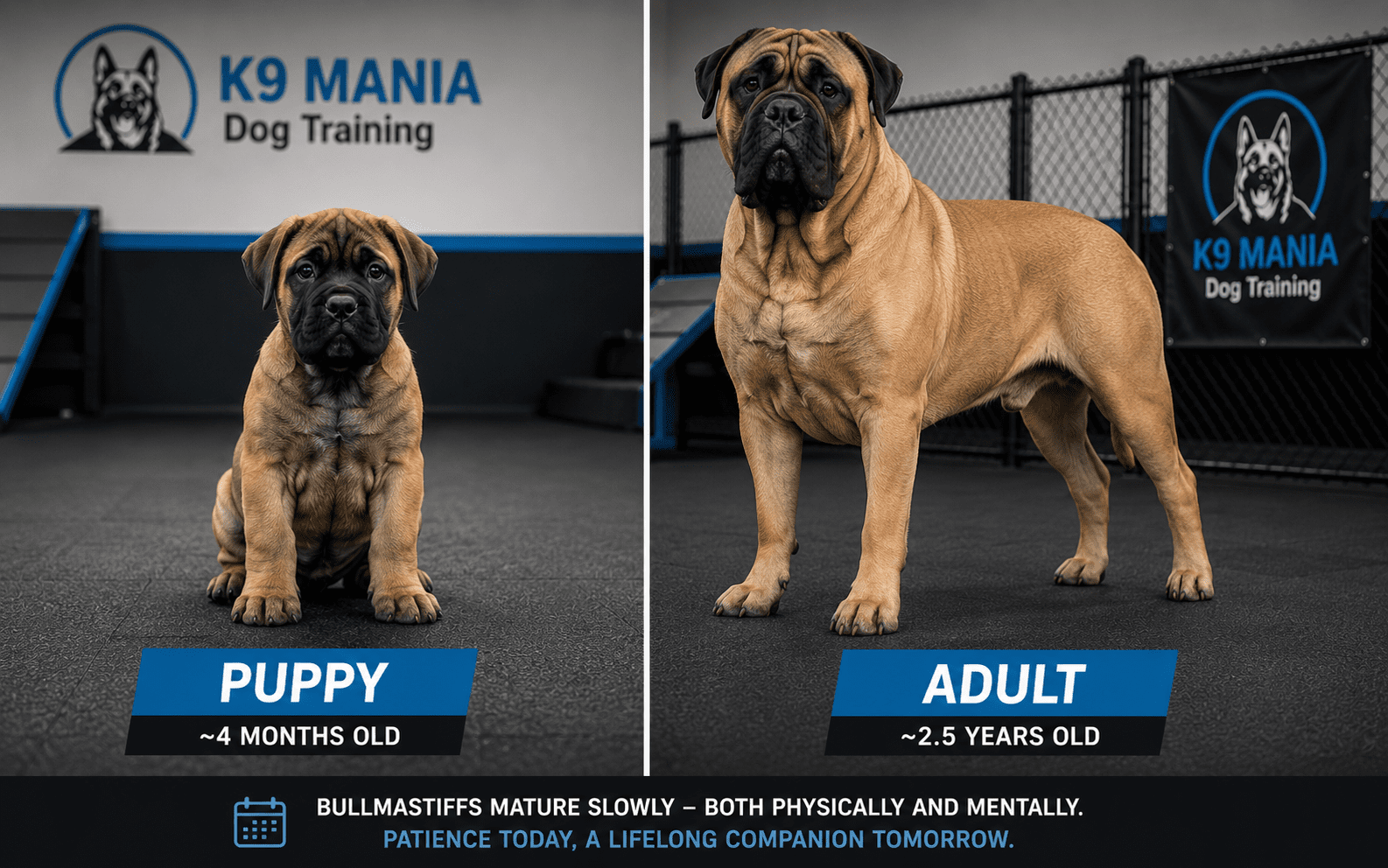 How Hard Are Bullmastiffs to Train? What New Owners Need to Know 4 Side by side comparison of a Bullmastiff puppy and a fully grown adult Bullmastiff
