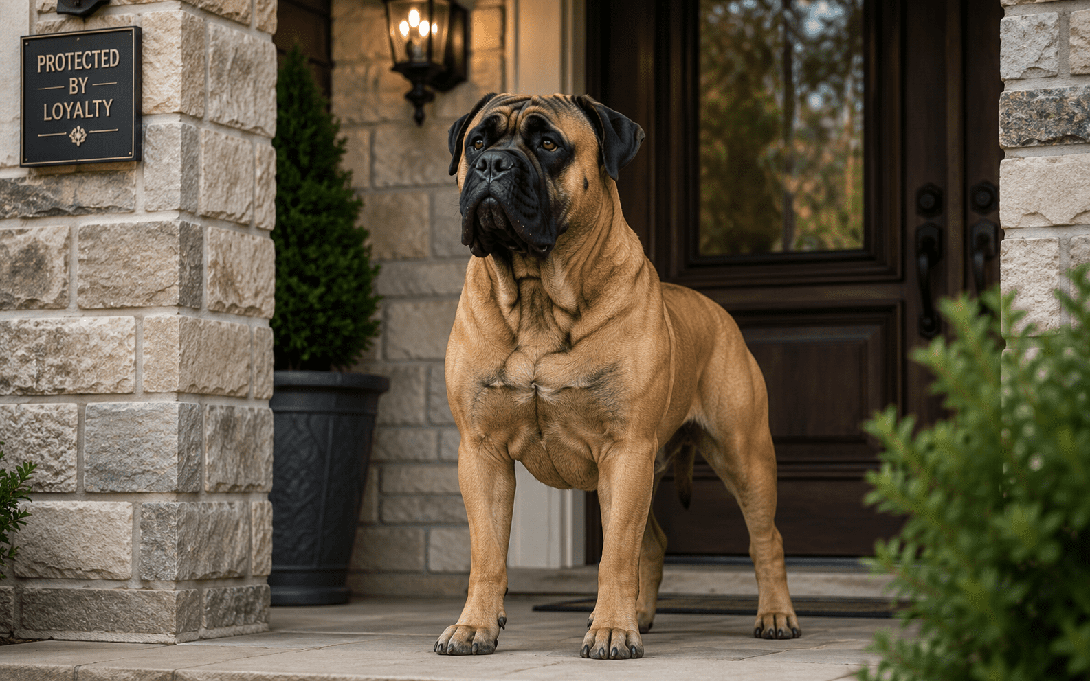 How Hard Are Bullmastiffs to Train? What New Owners Need to Know 1 Large adult Bullmastiff standing alert near a front door showing natural guarding posture