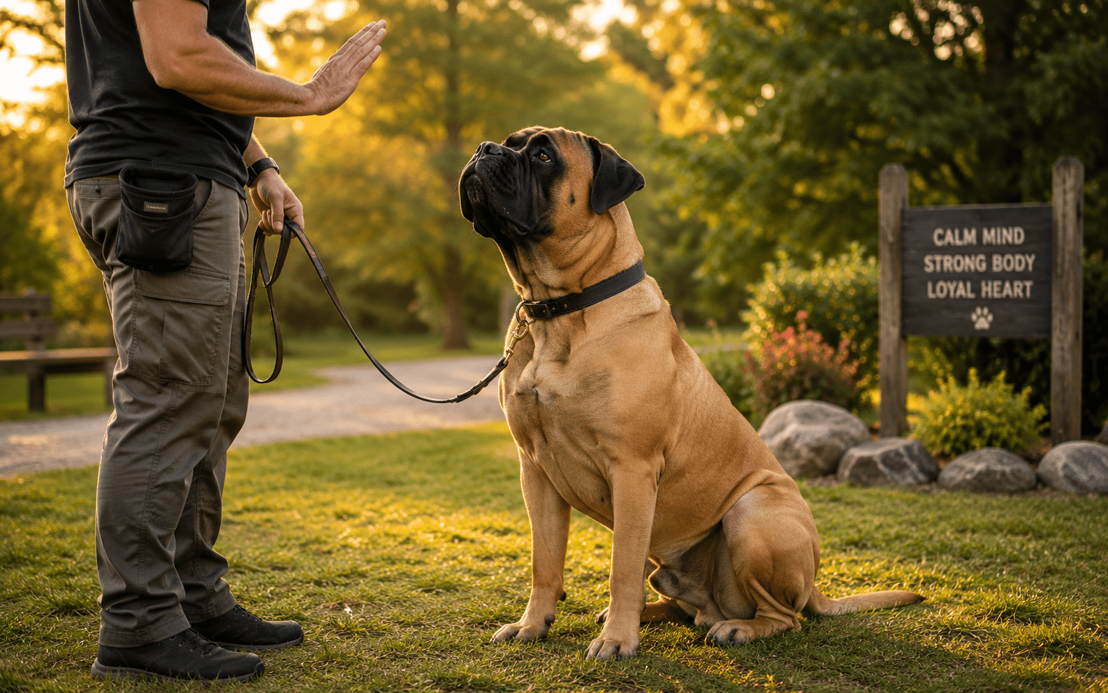 Bullmastiff sitting calmly during an outdoor obedience training session