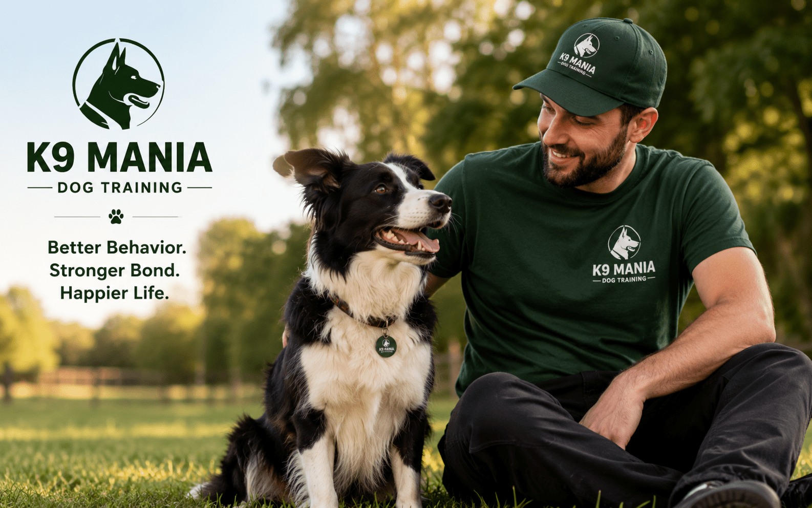What Is Compulsive Behavior in Dogs: Signs, Causes, and How to Help 5 A man in a K9 Mania shirt and cap smiles on the grass beside his happy dog wearing a K9 Mania tag.