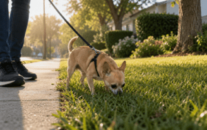 Owner training a Chihuahua to sit on a sunny outdoor patio using a small treat