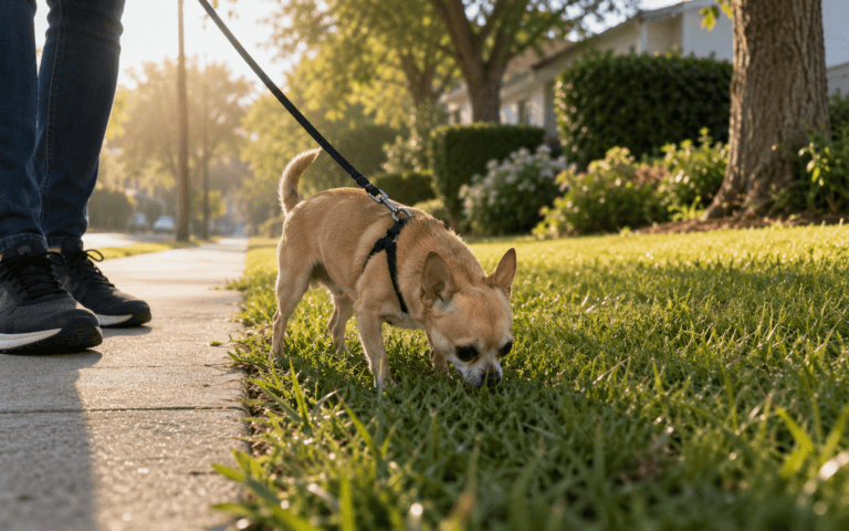 Owner training a Chihuahua to sit on a sunny outdoor patio using a small treat