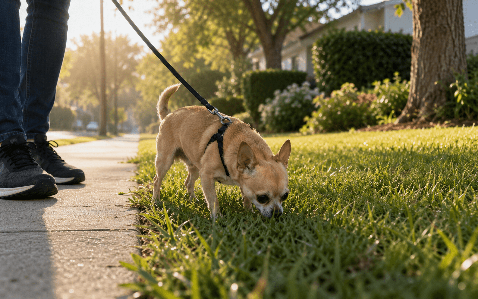Owner training a Chihuahua to sit on a sunny outdoor patio using a small treat