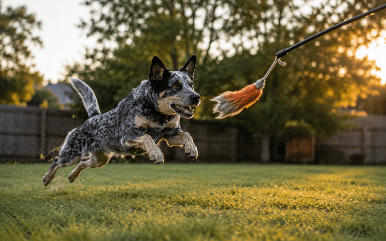 How to Train a Cattle Dog: Techniques That Actually Work for This High-Drive Breed 4 A blue heeler leaps toward a flirt pole toy during cattle dog training at sunset in the field.