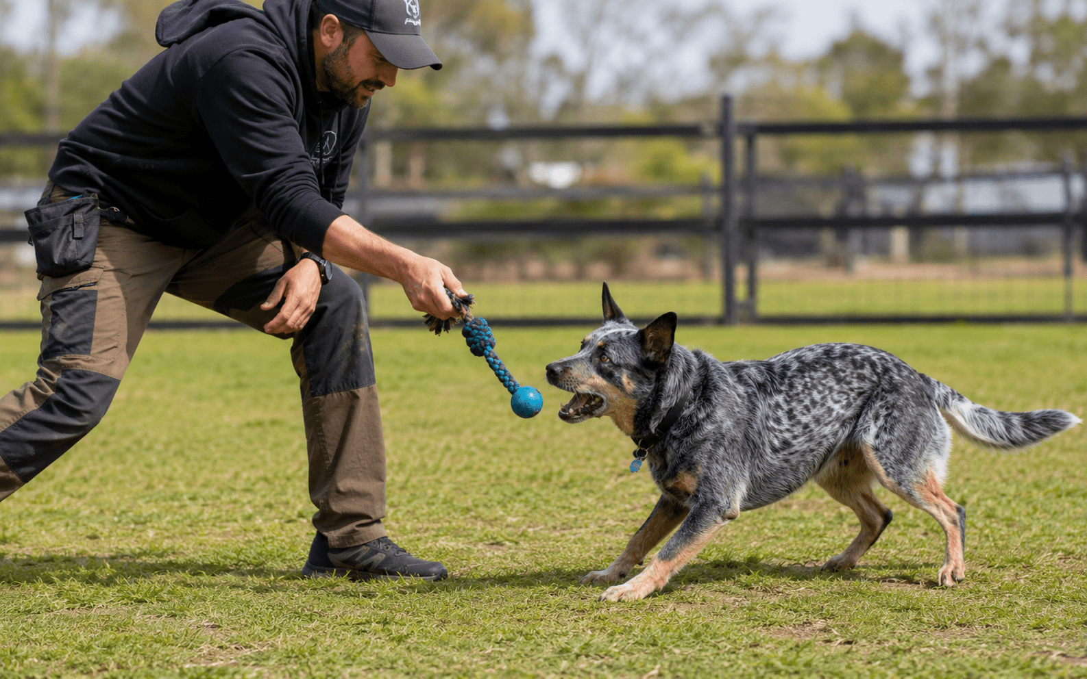 How to Train a Cattle Dog: Techniques That Actually Work for This High-Drive Breed 2 A person trains a cattle dog by playing tug-of-war with a blue ball on a green grassy field outdoors.