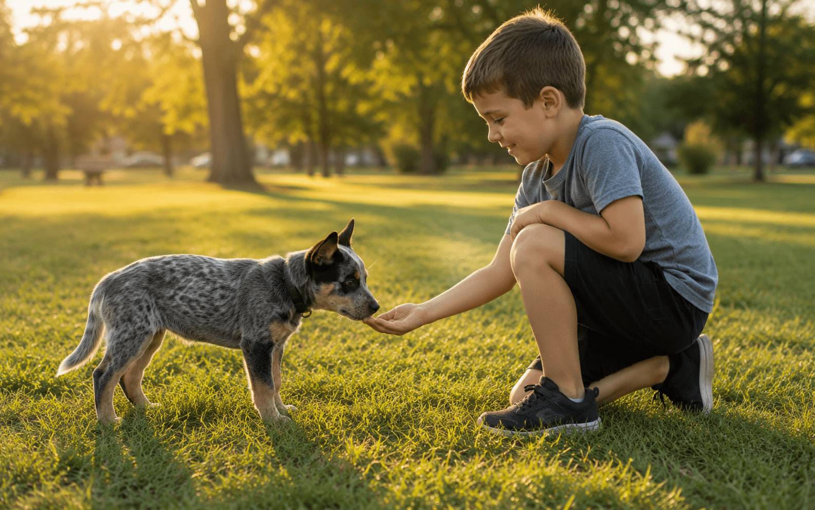 How to Train a Cattle Dog: Techniques That Actually Work for This High-Drive Breed 3 A young boy kneels on grass to feed and train a cattle dog puppy in a bright, sunlit park setting.