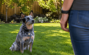 A cattle dog sits attentively on green grass in a sunny backyard, ready for training and obedience practice.